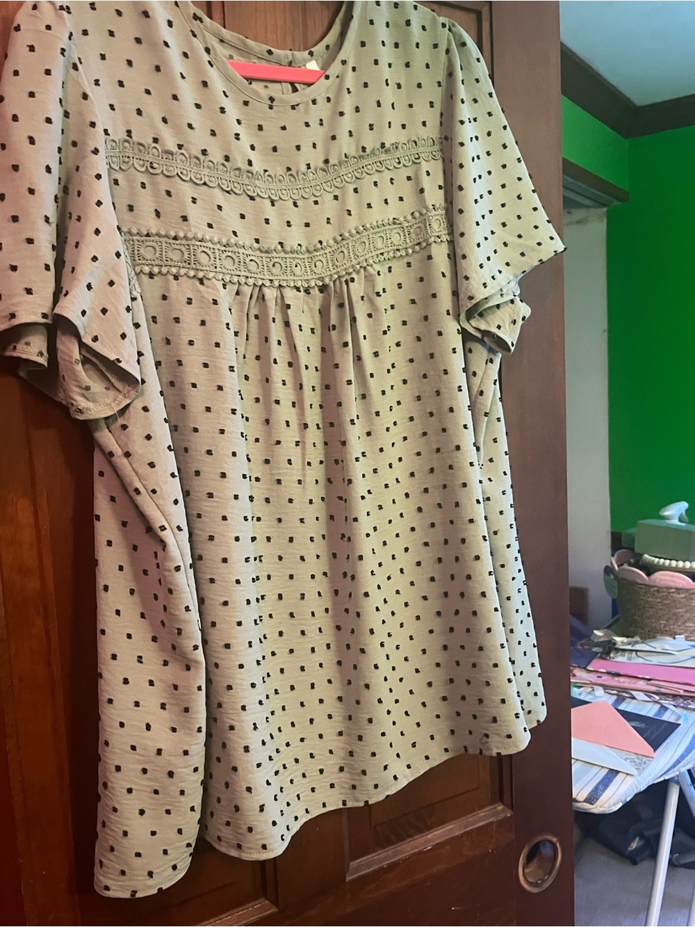Mint Green with black dots Lace-Yoke Short Sleeve Tunic